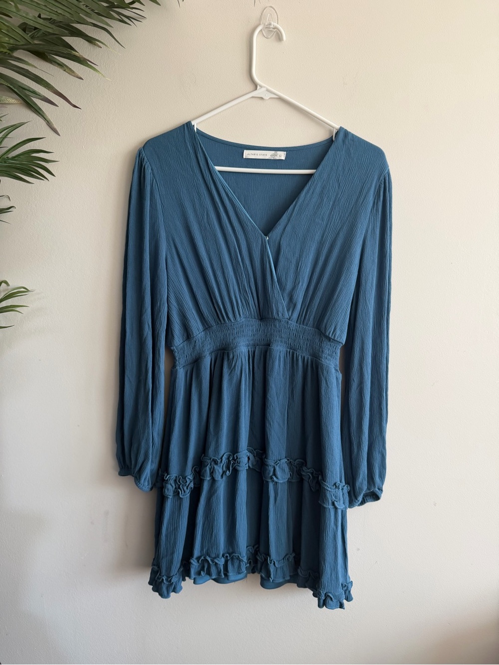 Altar'd State Teal-Blue Long Sleeve V-Neck Tiered Dress